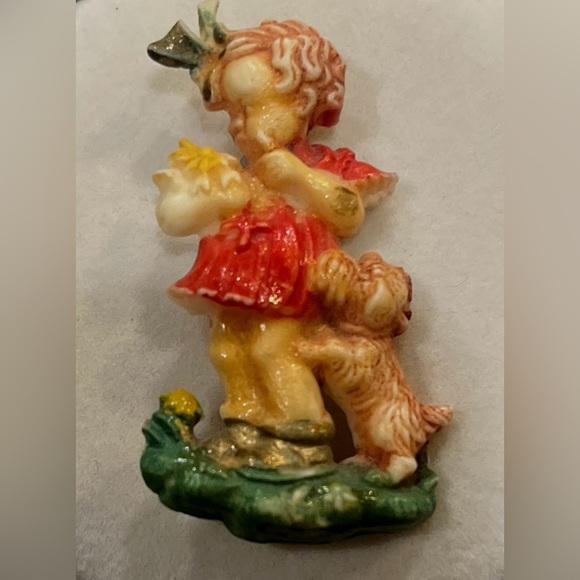 Vintage French celluloid brooch - girl with dog – hand painted whimsy - Picture 1 of 5